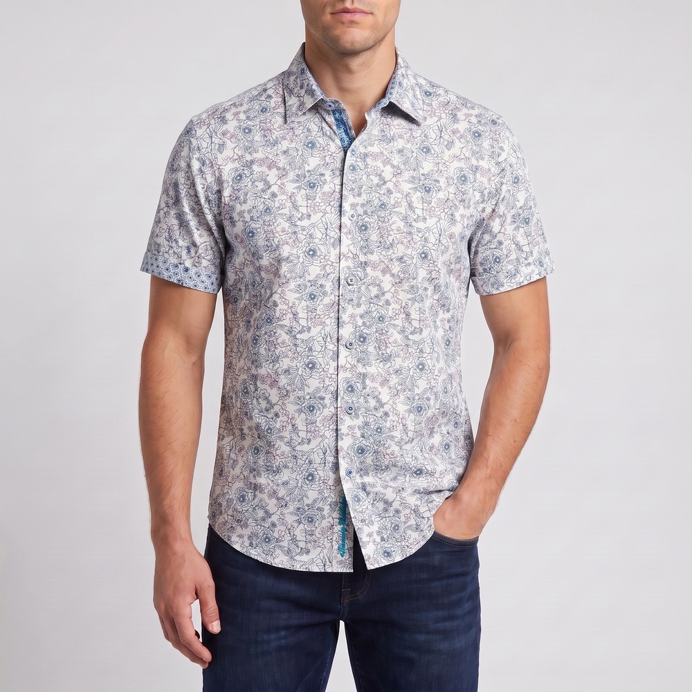 Robert Graham Floral Shirt Mens Small Short Sleeve Button Up Blue AOP